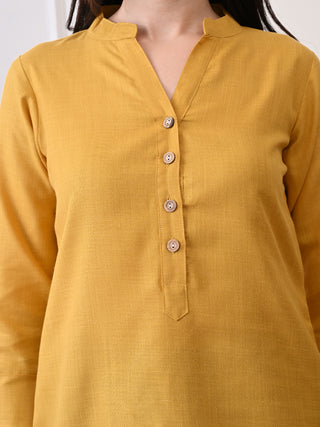 Mustard Cotton Blend Embroidered Short Kurta
