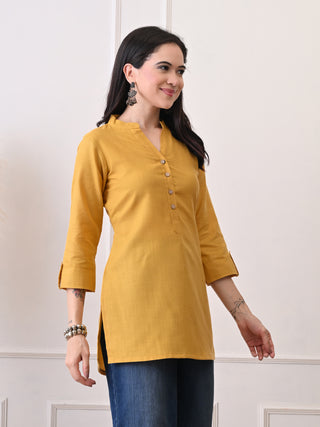 Mustard Cotton Blend Embroidered Short Kurta