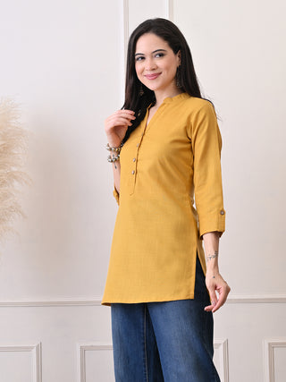 Mustard Cotton Blend Embroidered Short Kurta