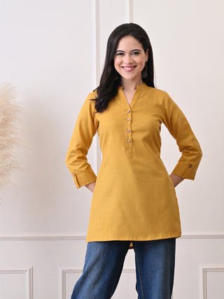 Mustard Cotton Blend Embroidered Short Kurta