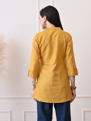 Mustard Cotton Blend Embroidered Short Kurta