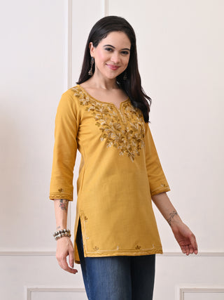 Mustard Cotton Blend Embroidered Short Kurta