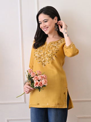 Mustard Cotton Blend Embroidered Short Kurta