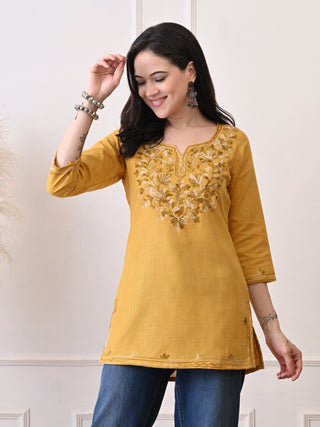 Mustard Cotton Blend Embroidered Short Kurta