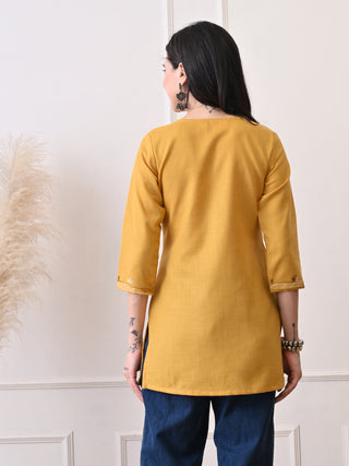 Mustard Cotton Blend Embroidered Short Kurta
