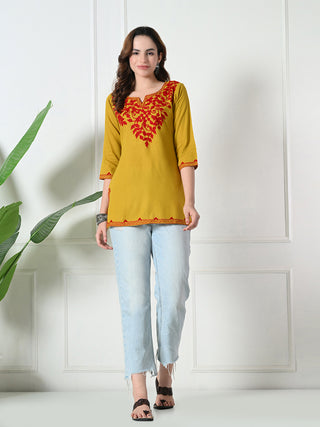 Mustard Rayon Embroidered Short Kurta