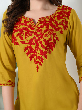 Mustard Rayon Embroidered Short Kurta