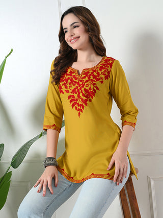 Mustard Rayon Embroidered Short Kurta