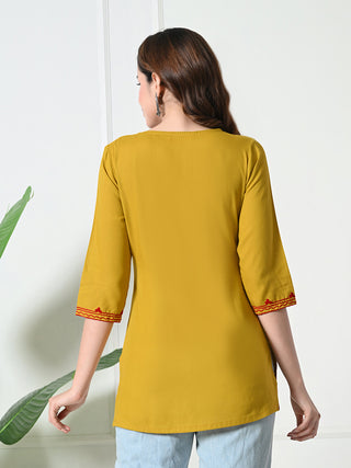 Mustard Rayon Embroidered Short Kurta