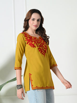 Mustard Rayon Embroidered Short Kurta