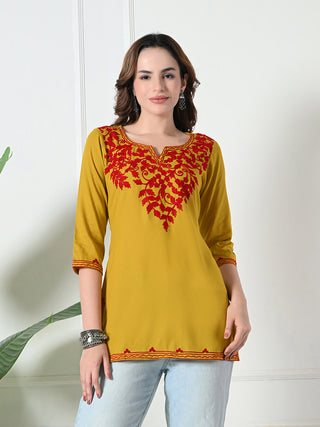 Mustard Rayon Embroidered Short Kurta