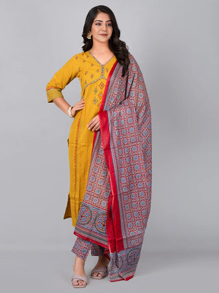 Mustard & Red Cotton Floral Print & Embroidery Detailing Suit Set with Dupatta