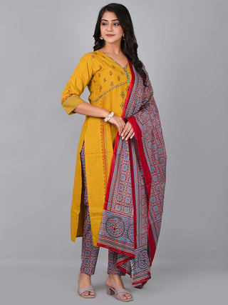 Mustard & Red Cotton Floral Print & Embroidery Detailing Suit Set with Dupatta