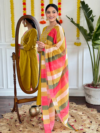 Mustard Viscose Chanderi Embroidered Straight Shape Suit Set with Multi Color Linen Dupatta