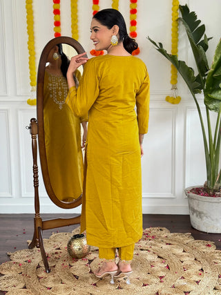 Mustard Viscose Chanderi Embroidered Straight Shape Suit Set with Multi Color Linen Dupatta