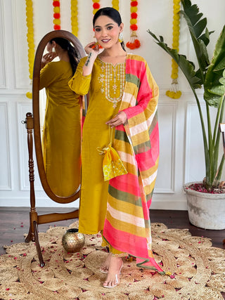 Mustard Viscose Chanderi Embroidered Straight Shape Suit Set with Multi Color Linen Dupatta