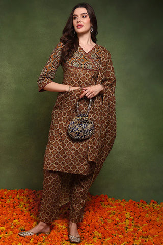 Mustard Cotton Ethnic Motif Printed Straight Shape Suit Set with Dupatta