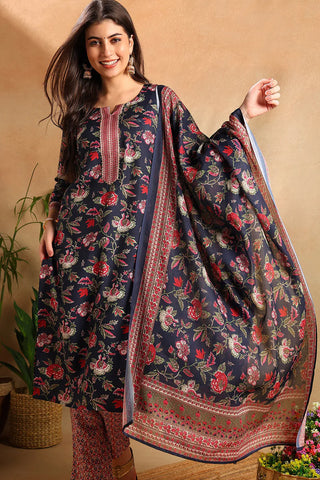 Navy Blue Rayon Blend Floral Print Straight Shape Suit Set with Dupatta