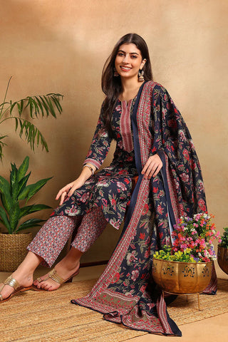 Navy Blue Rayon Blend Floral Print Straight Shape Suit Set with Dupatta