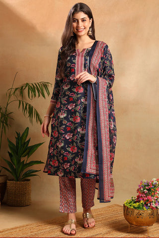 Navy Blue Rayon Blend Floral Print Straight Shape Suit Set with Dupatta