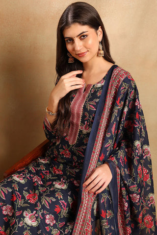 Navy Blue Rayon Blend Floral Print Straight Shape Suit Set with Dupatta