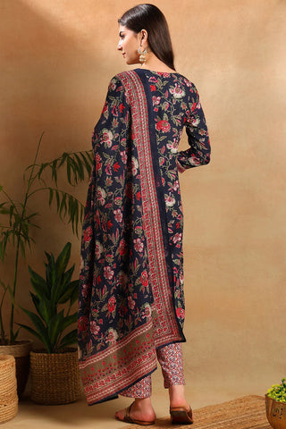 Navy Blue Rayon Blend Floral Print Straight Shape Suit Set with Dupatta