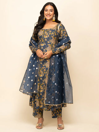 Navy Blue Cotton A Line Floral Print Suit Set with Organza Dupatta