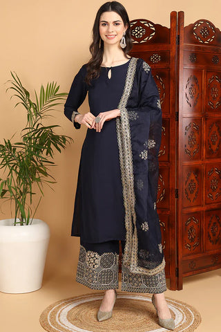 Navy Blue Silk Blend Embroidered Straight Shape Suit Set with Dupatta