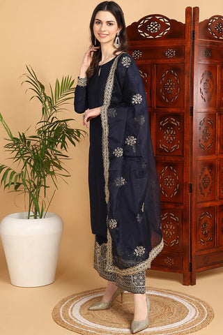 Navy Blue Silk Blend Embroidered Straight Shape Suit Set with Dupatta