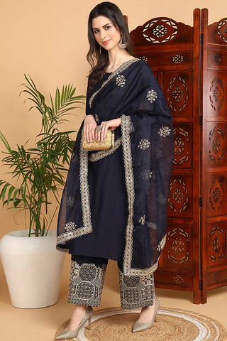 Navy Blue Silk Blend Embroidered Straight Shape Suit Set with Dupatta