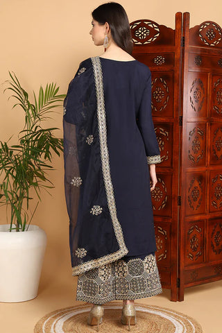 Navy Blue Silk Blend Embroidered Straight Shape Suit Set with Dupatta