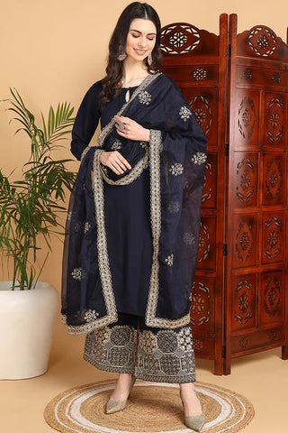 Navy Blue Silk Blend Embroidered Straight Shape Suit Set with Dupatta