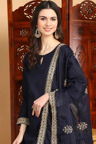 Navy Blue Silk Blend Embroidered Straight Shape Suit Set with Dupatta