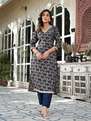 Blue Silk Blend Zari Work & Printed Kurta Trouser Set