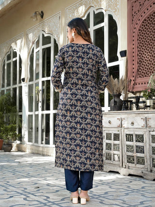 Blue Silk Blend Zari Work & Printed Kurta Trouser Set