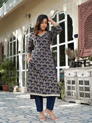 Blue Silk Blend Zari Work & Printed Kurta Trouser Set