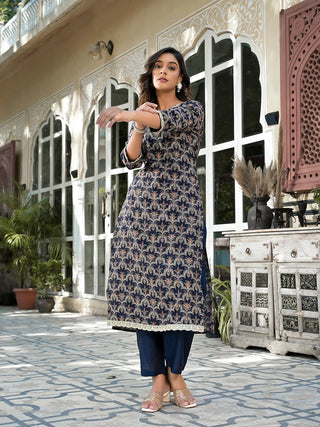 Blue Silk Blend Zari Work & Printed Kurta Trouser Set