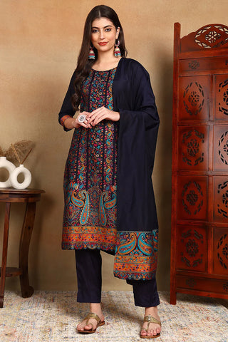 Navy Blue Silk Blend Chanderi Woven Designed Suit Set with Dupatta