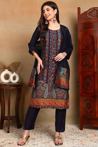 Navy Blue Silk Blend Chanderi Woven Designed Suit Set with Dupatta