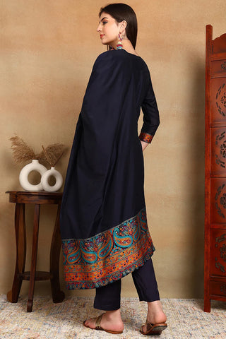 Navy Blue Silk Blend Chanderi Woven Designed Suit Set with Dupatta