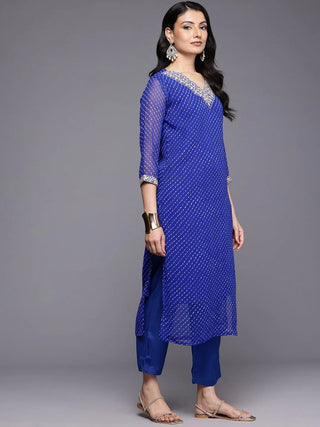 Blue Bandhani Zari & Sequins Embroidered Silk Georgette Kurta with Shatoon Botton and a Silk Chiffon Dupatta