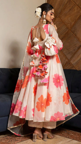 Chanderi Off White Floral Print Anarkali Suit Set