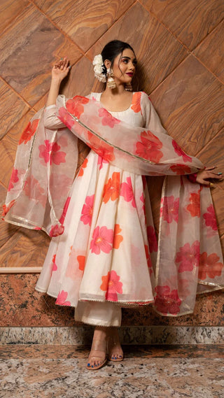 Chanderi Off White Floral Print Anarkali Suit Set