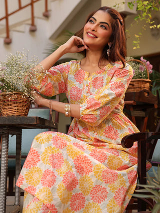 Cotton Off White Floral Print Kurta Bottom Set