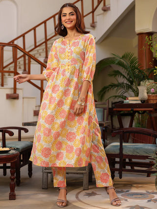 Cotton Off White Floral Print Kurta Bottom Set