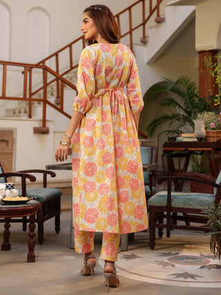 Cotton Off White Floral Print Kurta Bottom Set