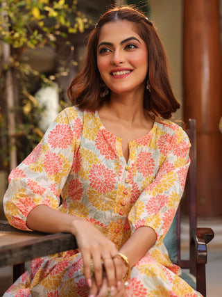 Cotton Off White Floral Print Kurta Bottom Set