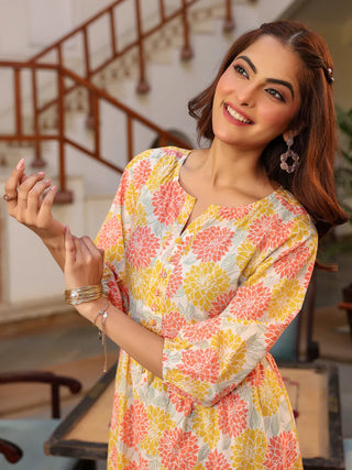 Cotton Off White Floral Print Kurta Bottom Set