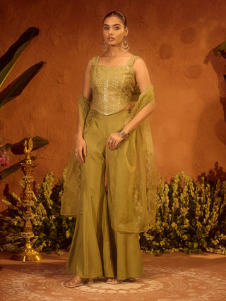 Olive Green Viscose Chanderi Embroidered Kurta Palazzo Set with Dupatta