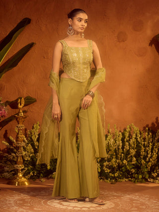 Olive Green Viscose Chanderi Embroidered Kurta Palazzo Set with Dupatta